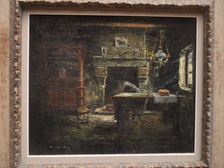 Huile sur toile représentant une scène d'intérieur. - Porte une signature en ba…
