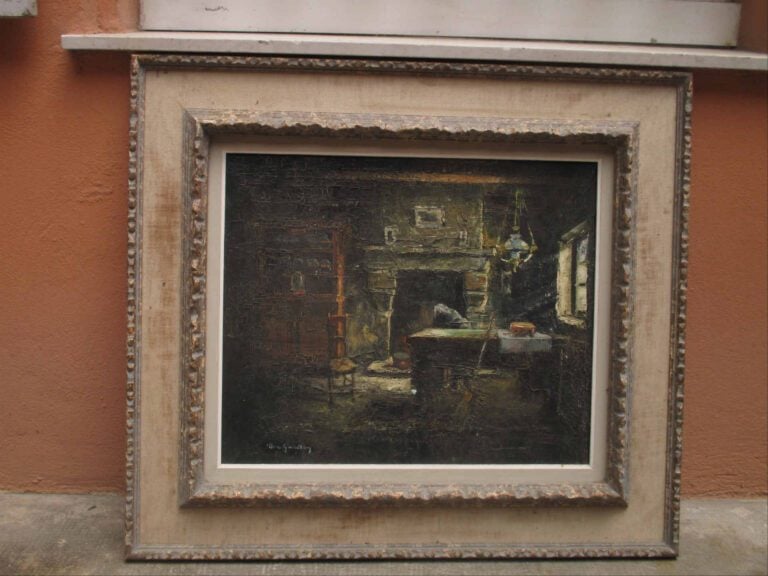 Huile sur toile représentant une scène d'intérieur. - Porte une signature en ba…