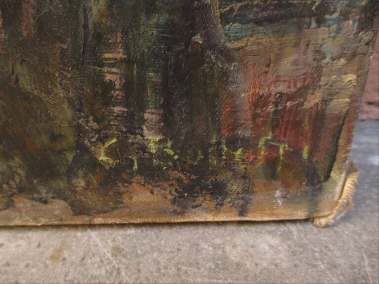 Huile sur toile représentant une vue de ville. - Porte une signature illisible…