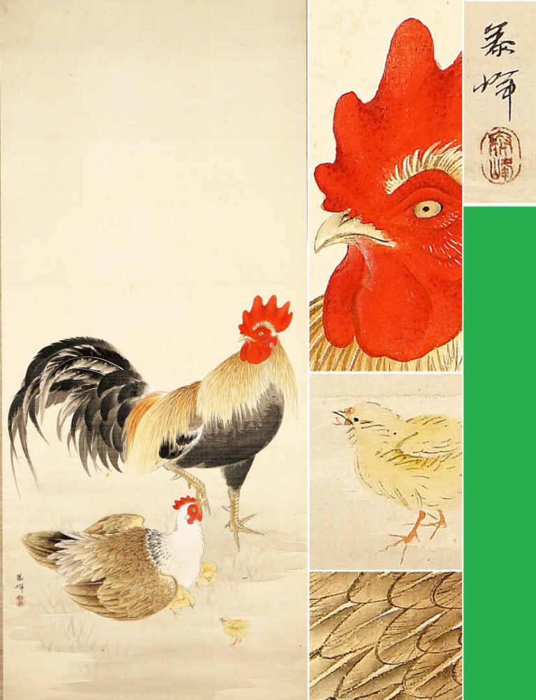 ICHIZAWA TAIHO (Japon, Nagoya, Actif XXe siècle) - Coq, poule et poussins - Enc…