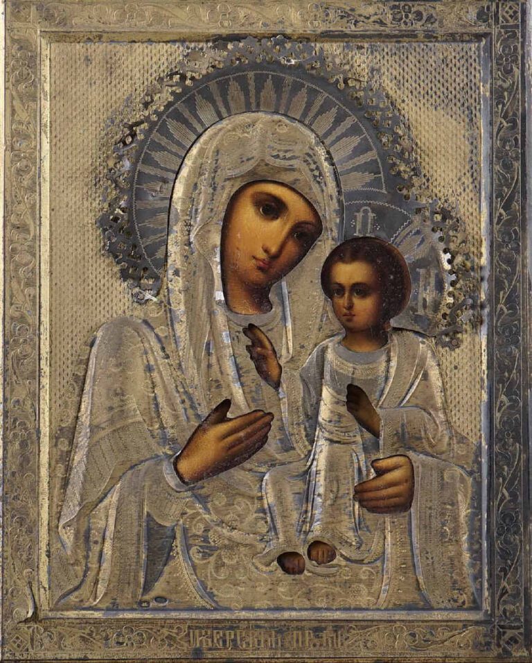 Icône de la Mère de Dieu à l'Enfant Iverskaya. - Chromolithographie sur bois, c…