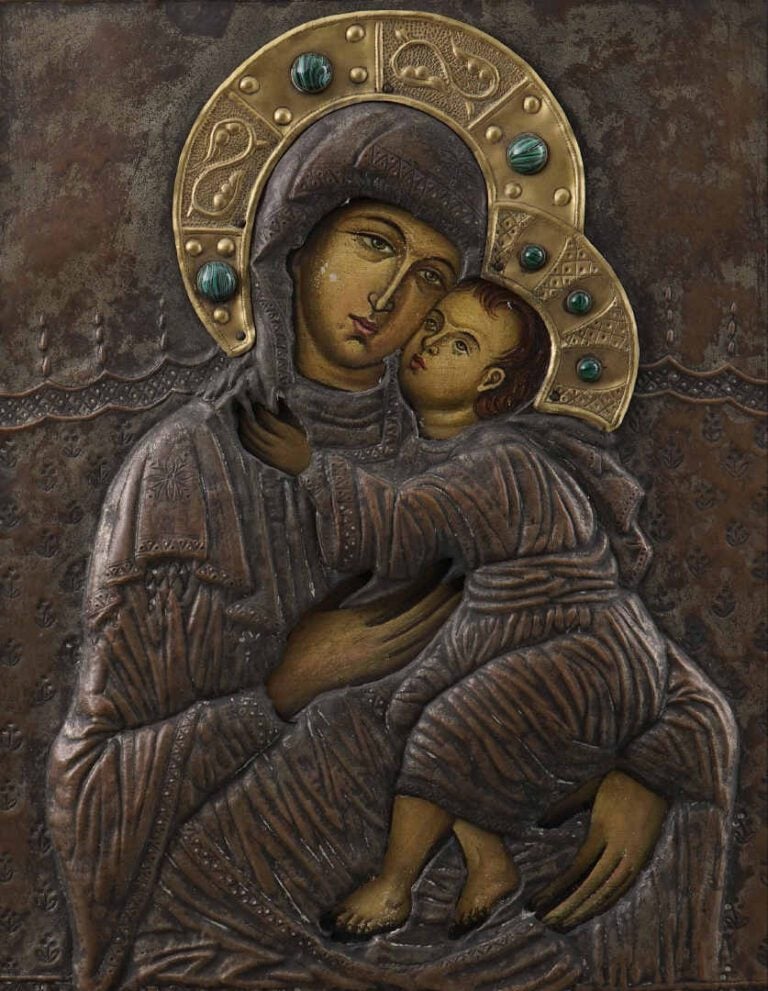 Icône de la Mère de Dieu Hodigitria. - Tempera ou huile sur bois, conservée sou…