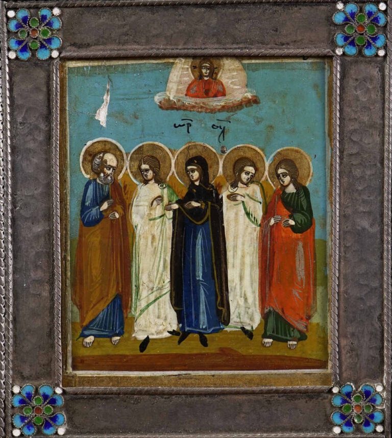 Icône de voyage de famille représentant cinq saints peints à la tempera sur boi…