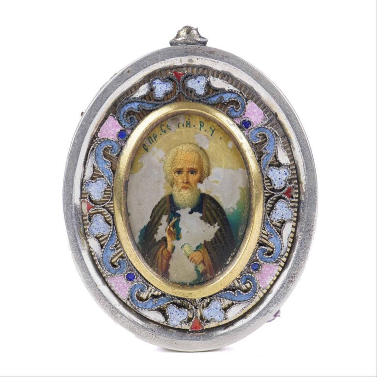 Icône de voyage pendentif de Saint-Nicolas, peinte sur nacre, dans son cadre ov…