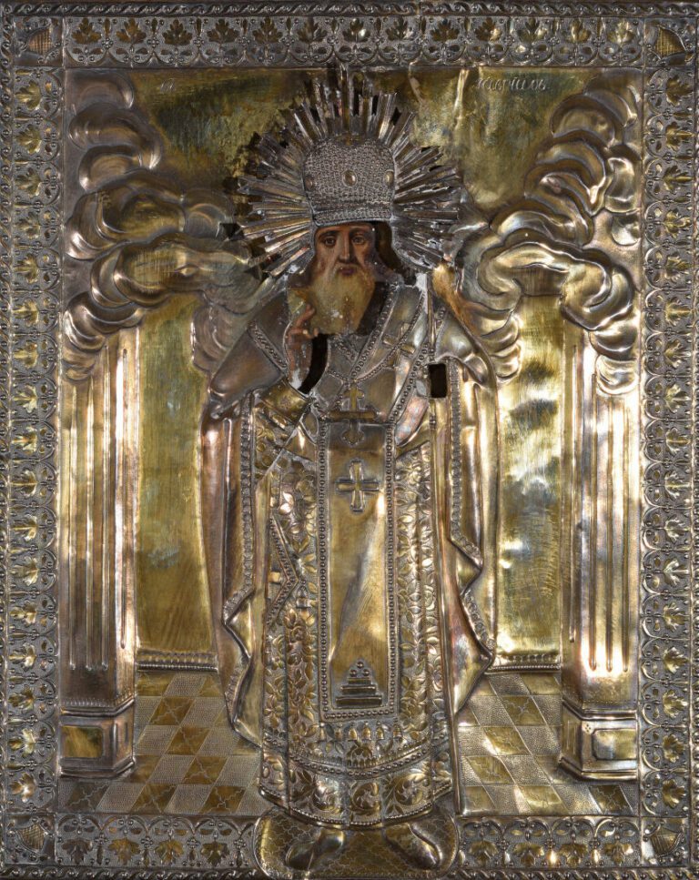 Icône en bois peint représentant le Saint archevêque Gabriel (?-1753) en pied -…