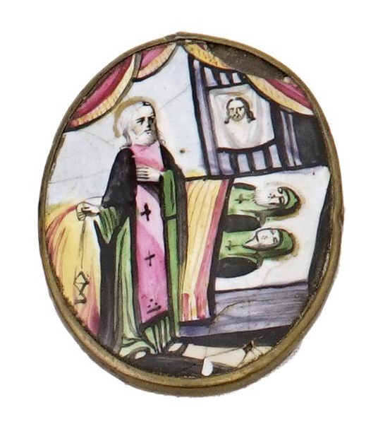 Icône ovale miniature de voyage peinte sur émail, représentant Saint Serge au c…