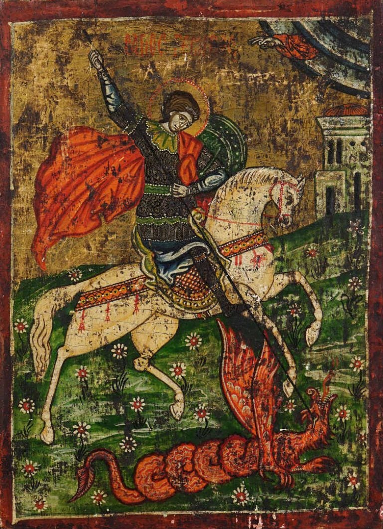Icône représentant Saint-Georges. - Tempera sur bois. - Grèce, fin XIXe siècle.…