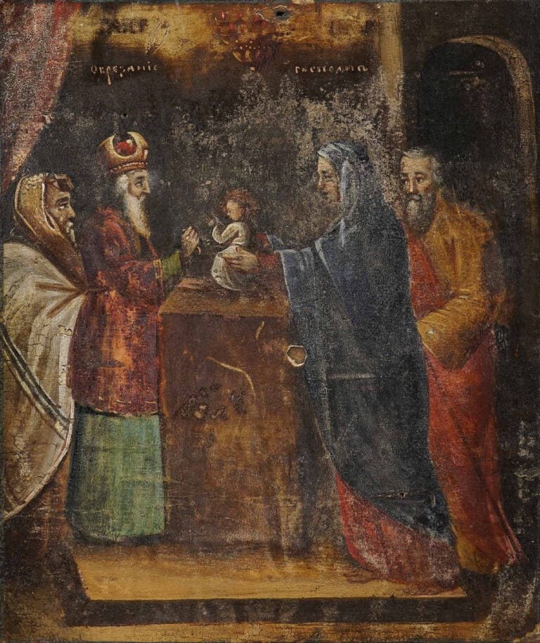 Icône représentant une scène de baptême. - Tempera sur bois. - Russie, XIXe siè…