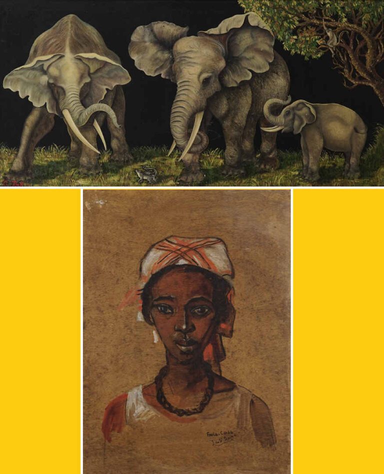J. TOSK (Actif XXe siècle) - Lémuriens et éléphants - Huile sur toile - Signée…