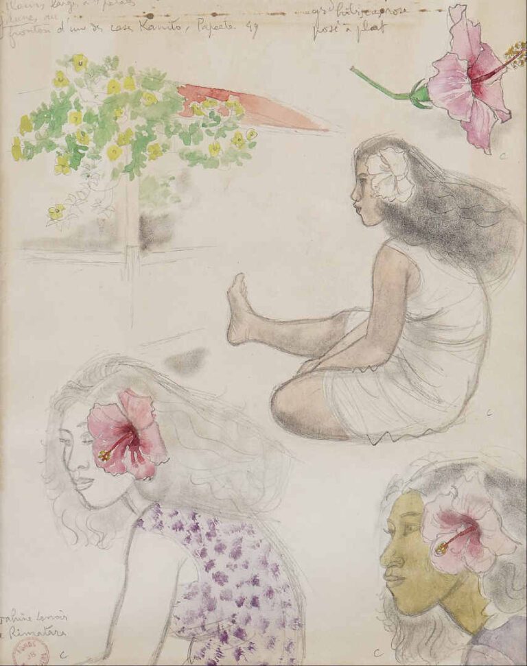 Jacques BOULLAIRE (1893-1976) - Vahine Lenoir de Rimatara - gros hibiscus rose…