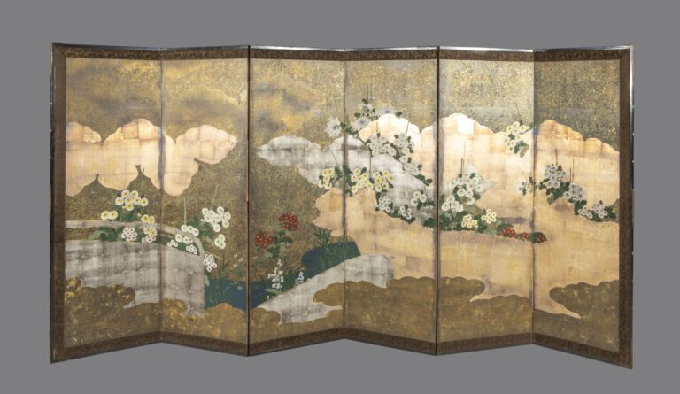 JAPON - Période Meiji (1868-1912) - Paravent Byobu à 6 panneaux à décor peint d…