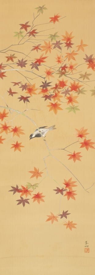 JAPON - Période Taisho (1912-1926) - Grand rouleau peint sur soie à décor de br…