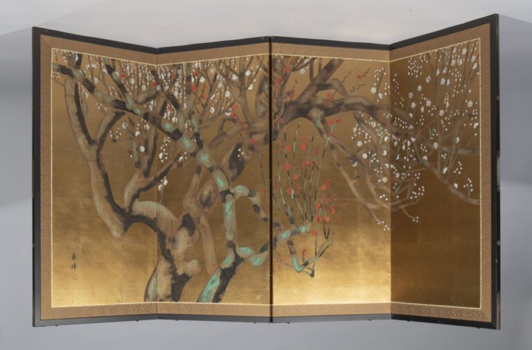 JAPON - XXème - Paravent byobu à 4 panneaux à décor peint de deux arbres débuta…