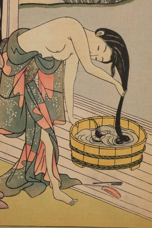JAPON - XXème - Paravent Byobu à six panneaux, garni de neuf gravures sur bois…