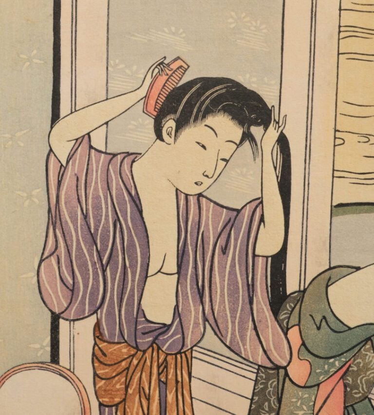 JAPON - XXème - Paravent Byobu à six panneaux, garni de neuf gravures sur bois…