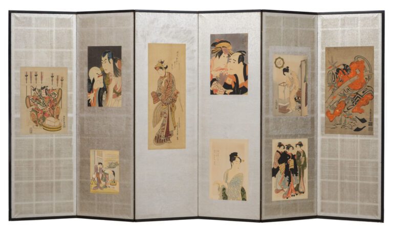 JAPON - XXème - Paravent Byobu à six panneaux, garni de neuf gravures sur bois…