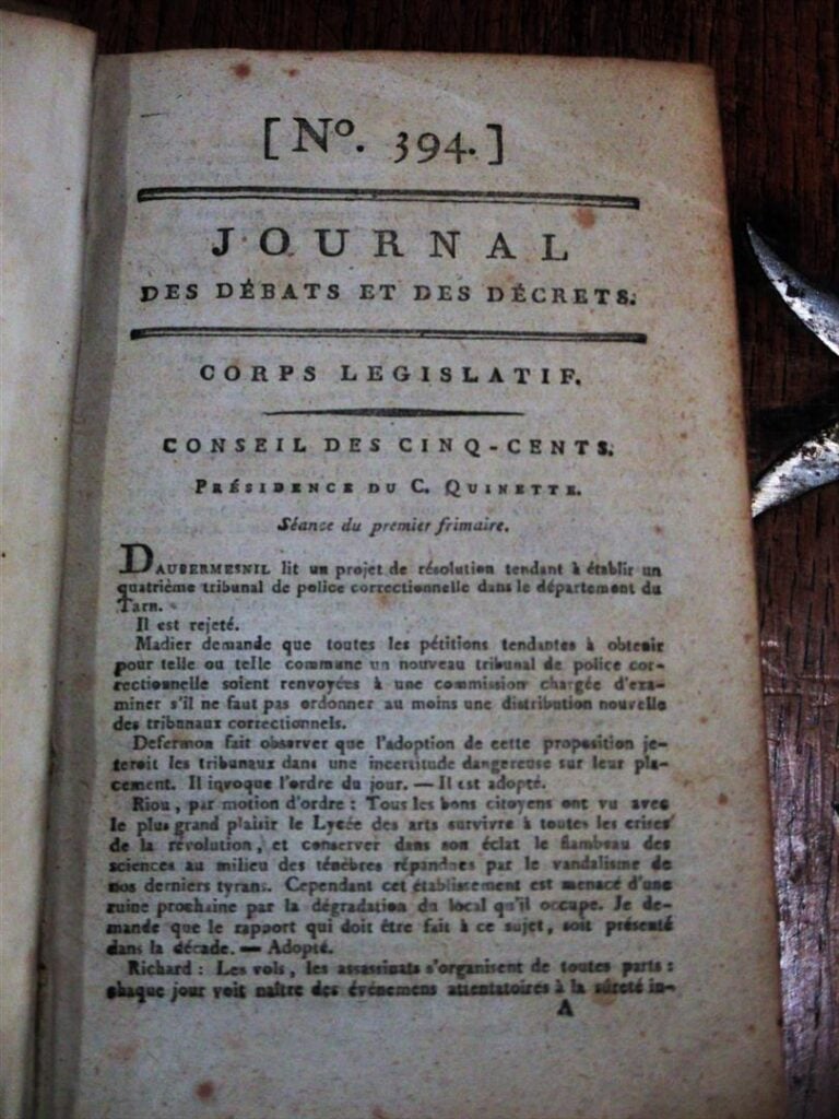 JOURNAL des DEBATS et des DECRETS - Année 1796 - Du n° 394 (Premier frimaire 5°…