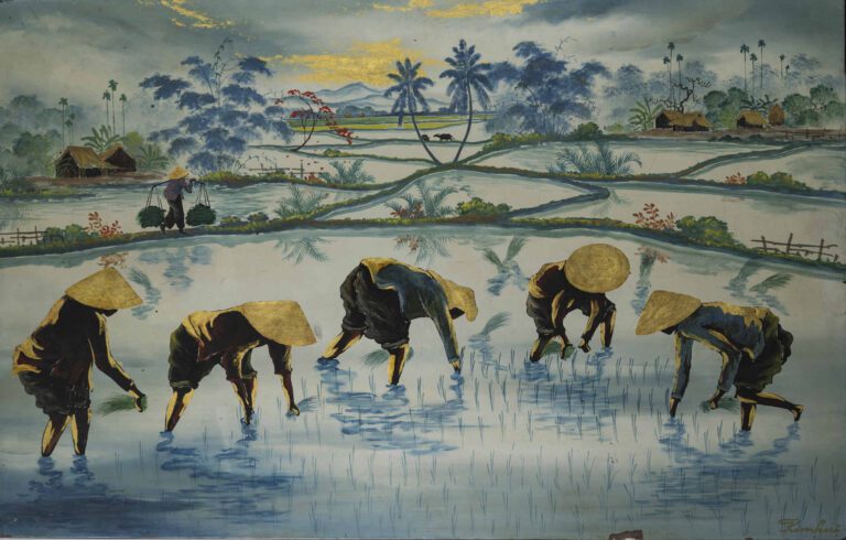 KIM HUE (Vietnam / Indochine, Actif XXe siècle) - Le piquage du riz - Panneau d…