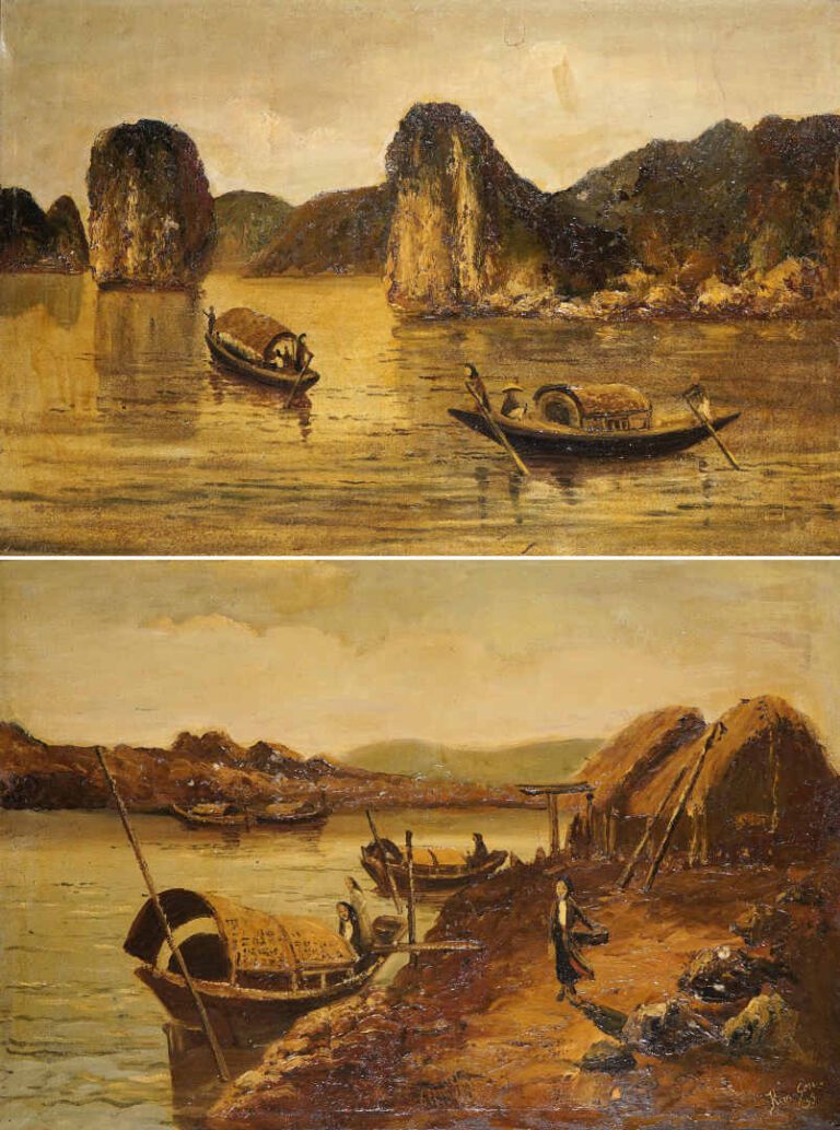 KIM SON (Actif Vietnam / Indochine, XXe siècle) - Huttes au bord du Mékong - Hu…