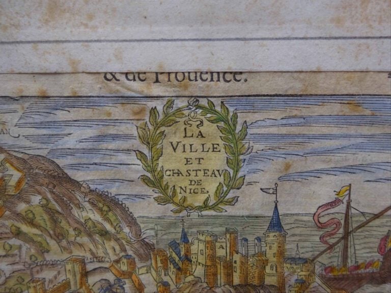 "La ville et le chasteau de Nice" - Gravure en couleurs - Dans son encadrement…