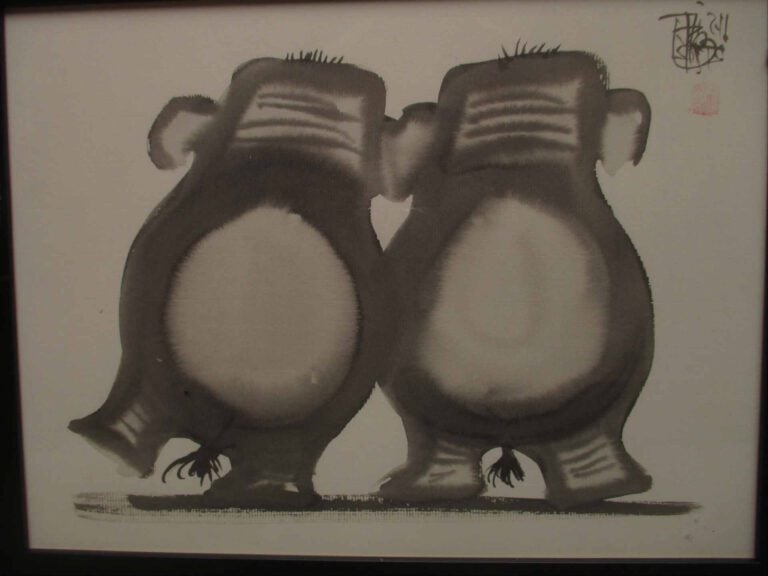 Laszlo TIBAY (Né en 1962) - Elephants de dos - Dessin à l'encre de Chine. - Sig…