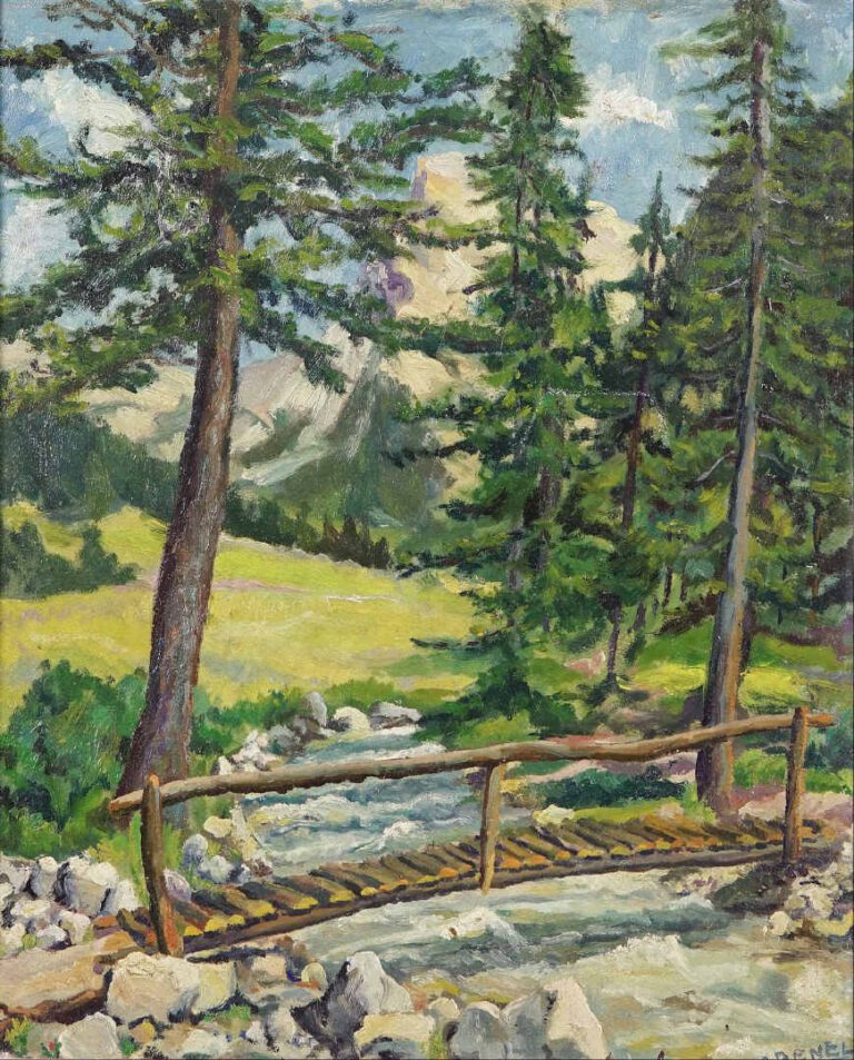 Léon CADENEL (1903-1985) - Paysage de forêt avec pont - Huile sur carton. - Sig…