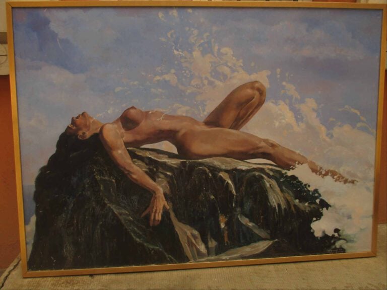 Léon FULGENCE (Né en 1950) - Femme allongée sur un rocher - Huile sur toile. -…