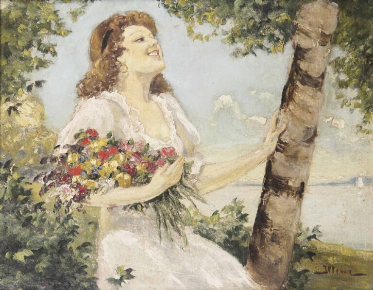 Lipòt ILLENCZ (1882-1950) - Jeune femme au bouquet de fleurs - Huile sur toile.…