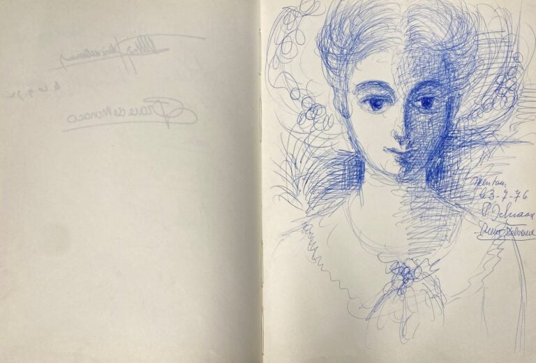Livre d'or du Palais de l'Europe comprenant un dessin au stylo bille bleu de Pa…