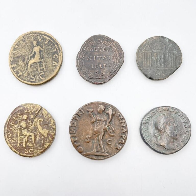 Lot de 6 grands bronzes : 1 sesterce d'Hadrien, 1 autre de Septime Sévère, 1 br…