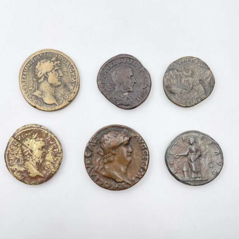 Lot de 6 grands bronzes : 1 sesterce d'Hadrien, 1 autre de Septime Sévère, 1 br…