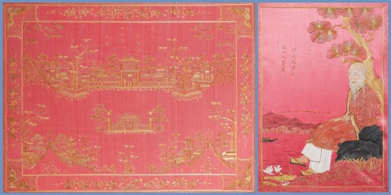 LOT DE DEUX PEINTURES / MARQUETERIE DE PAILLE DE RIZ SUR SOIE - Chine, Epoque p…