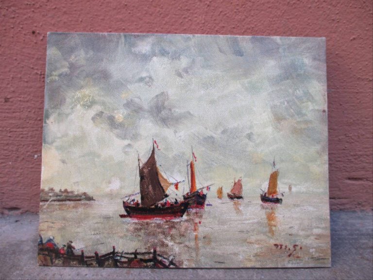 Mathias GUILLO (1897-1990) - Bâteaux - Huile sur isorel. - Monogrammée en bas à…
