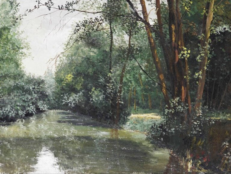 Michel de SAINT ALBAN (Né en 1923) - Bord de Marne ? - Huile sur toile. - Signé…