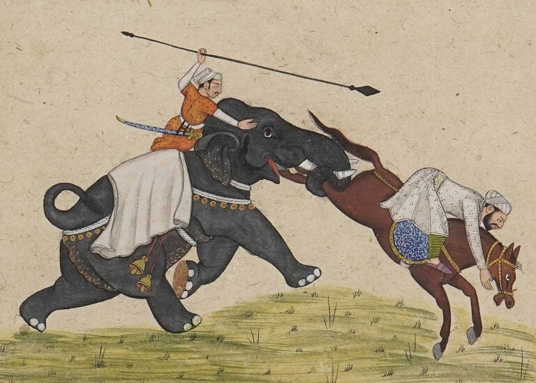MINIATURE / GOUACHE SUR PAPIER DEPEIGNANT LA CHUTE D'UN CAVALIER - Inde, Epoque…
