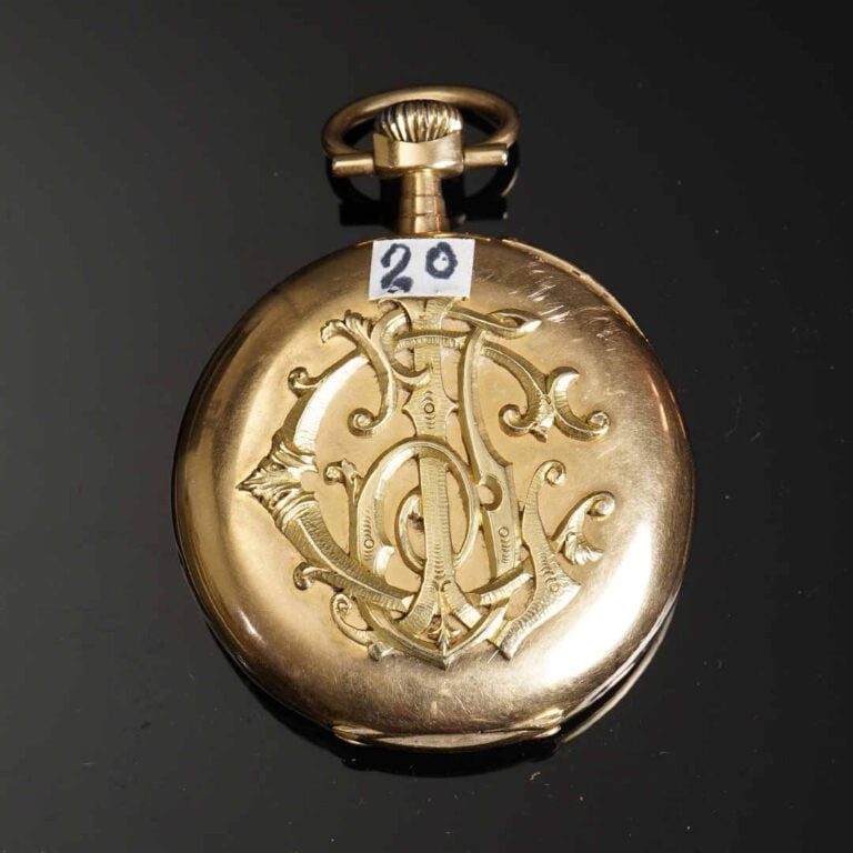 Montre de gousset en or jaune 18K (750°/oo). Cadran émaillé, à indication des h…