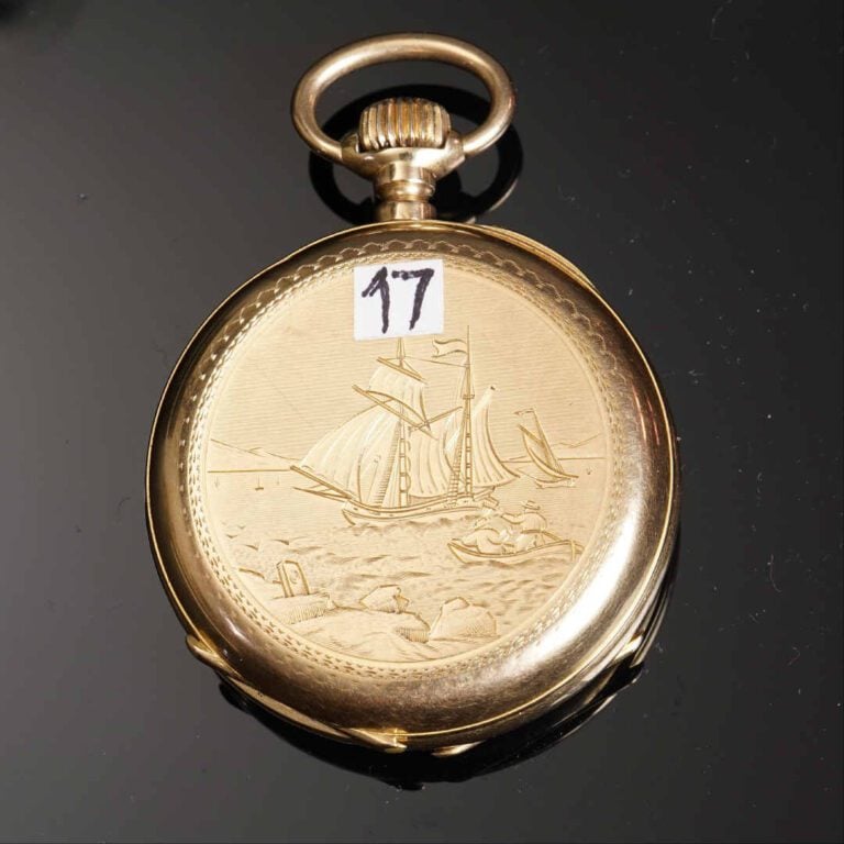 Montre de gousset en or jaune 18K (750°/oo). Cadran émaillé à indication des he…