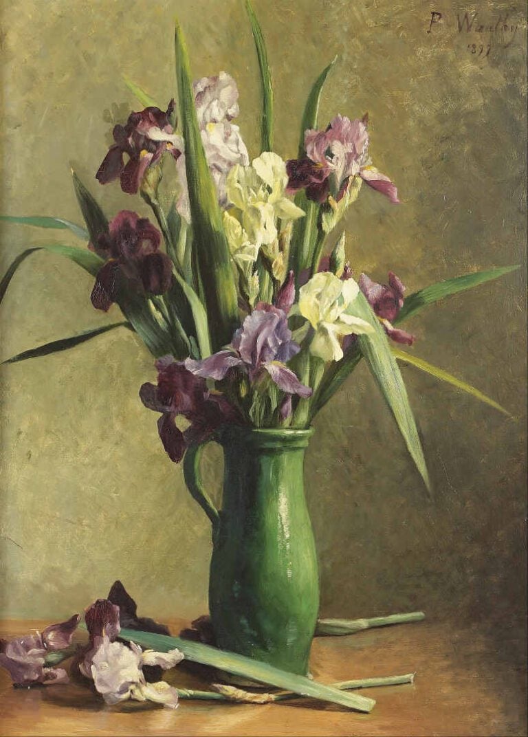 P. WAUTHY - Bouquet de fleurs au pichet vert. - Huile sur toile. - Signée et da…