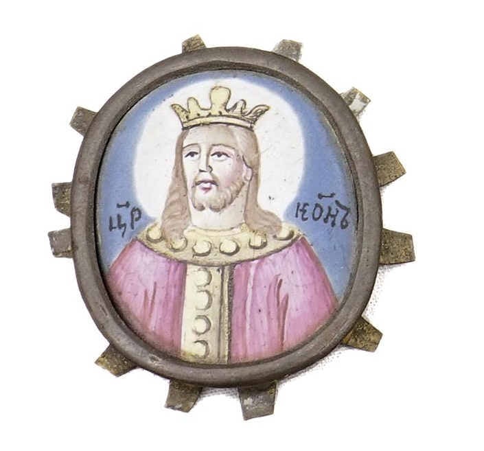 Paire d'icônes ovales miniatures de voyage peintes sur émail, représentant le C…