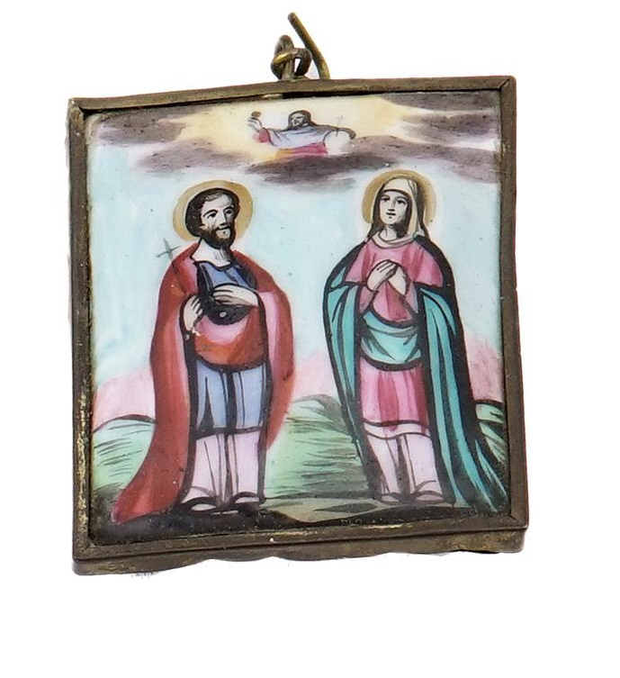 Paire d'icônes rectangulaires miniatures de voyage peintes sur émail, représent…