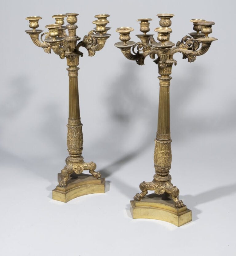 Paire de candélabres en bronze doré à 6 lumières. Fût central à colonnes termin…