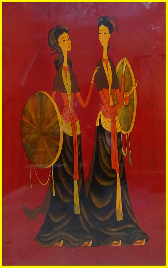 PANNEAU DE BOIS LAQUE DE DEUX ELEGANTES, DANS LE LOINTAIN ESPRIT DE LE PHO - Vi…