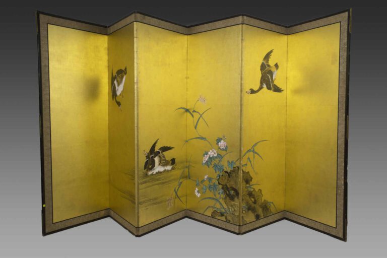 PARAVENT A SIX FEUILLES A DECOR DE CANARDS, BYOBU - Japon, Epoque XXe siècle, P…