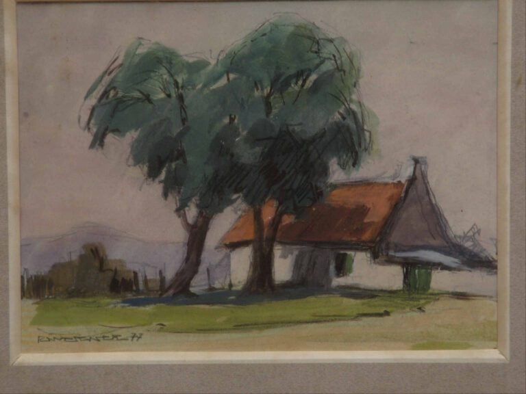 Pastel et aquarelle sur papier représentant une maison avec arbre. - Porte une…