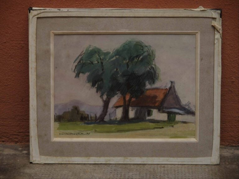 Pastel et aquarelle sur papier représentant une maison avec arbre. - Porte une…