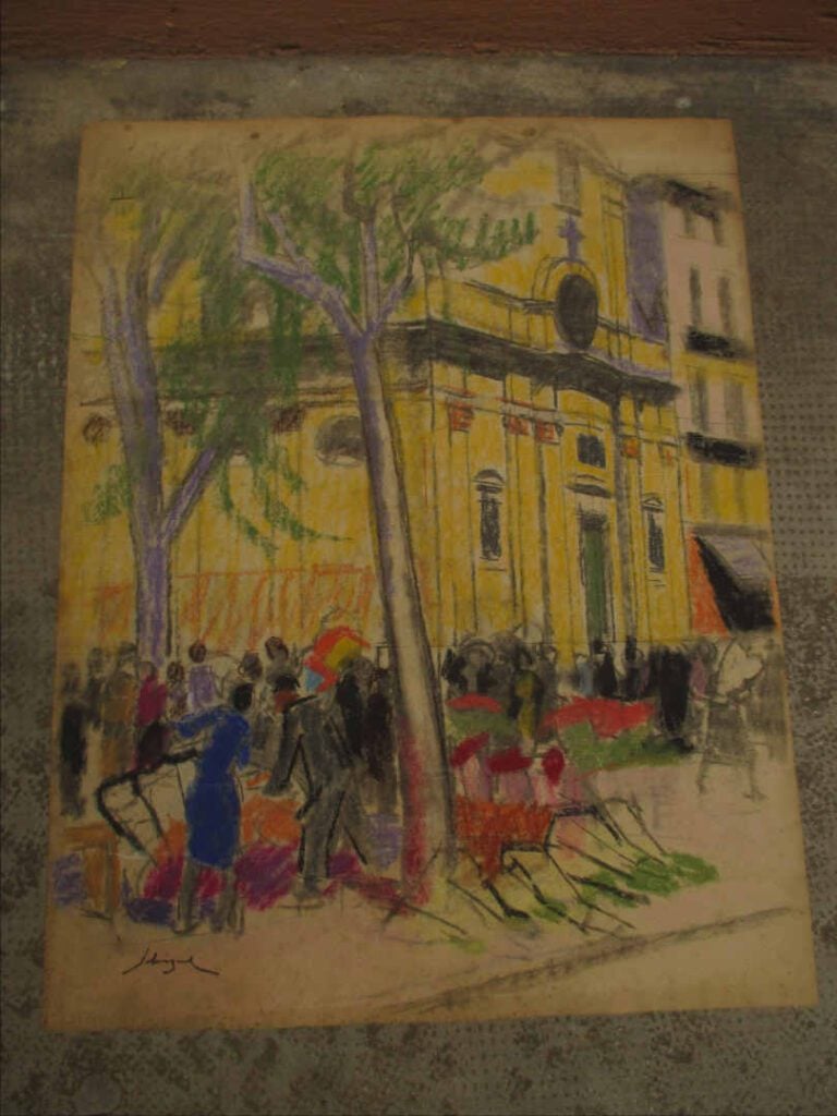 Pastel représentant une scène animée devant une église. - Porte une signature e…