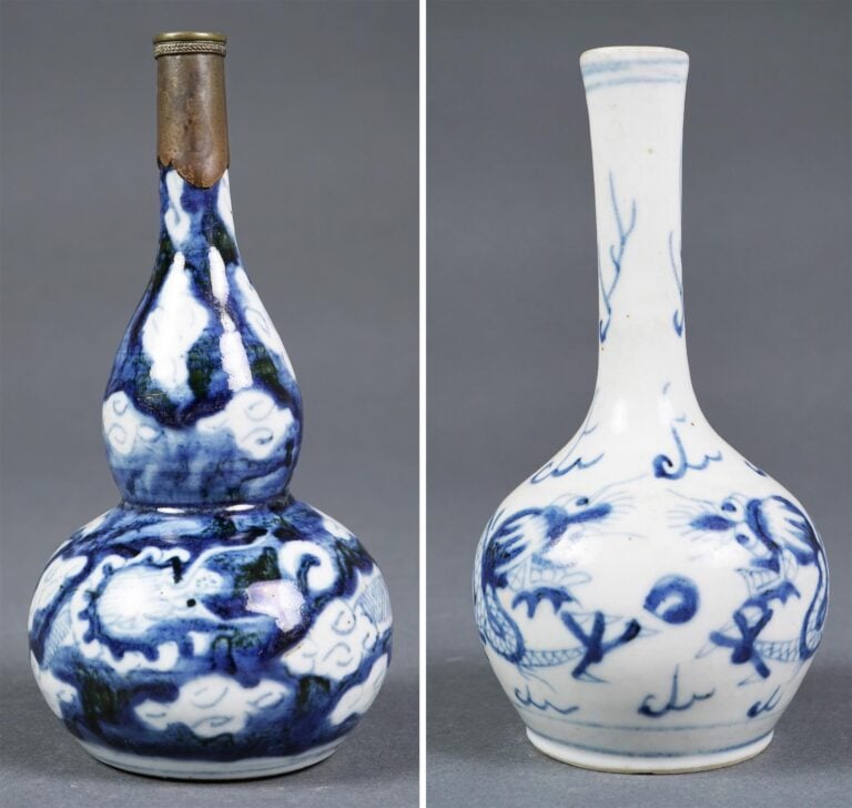 PETIT VASE EN PORCELAINE BLEU BLANC EN FORME DE CALEBASSE, HULUPING - Chine, Dy…