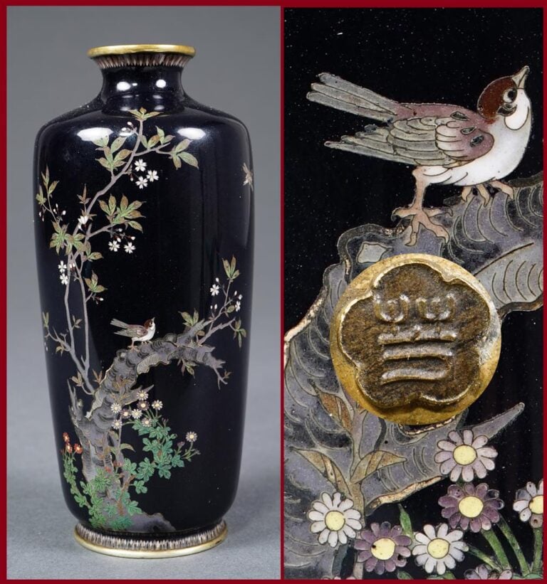 PETIT VASE ROULEAU EN EMAUX CLOISONNES SUR CUIVRE - Japon, Période Meiji - A pi…