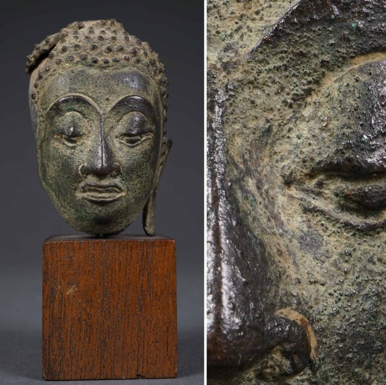 PETITE TETE DE BOUDDHA EN ALLIAGE CUIVREUX - Thaïlande, Vraisemblablement Ayutt…