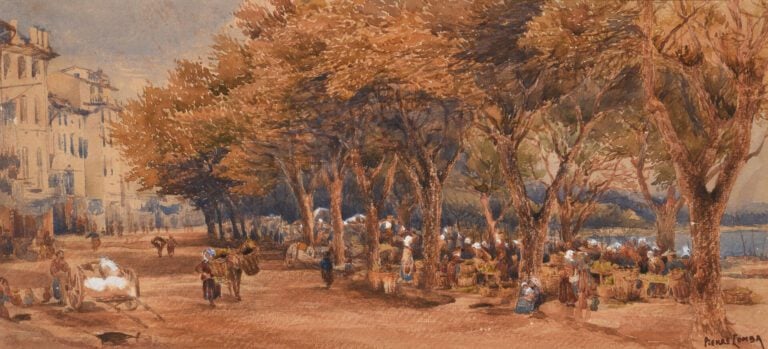 Pierre Paul COMBA (1834-1872) - Place du marché - Aquarelle et rehauts de blanc…
